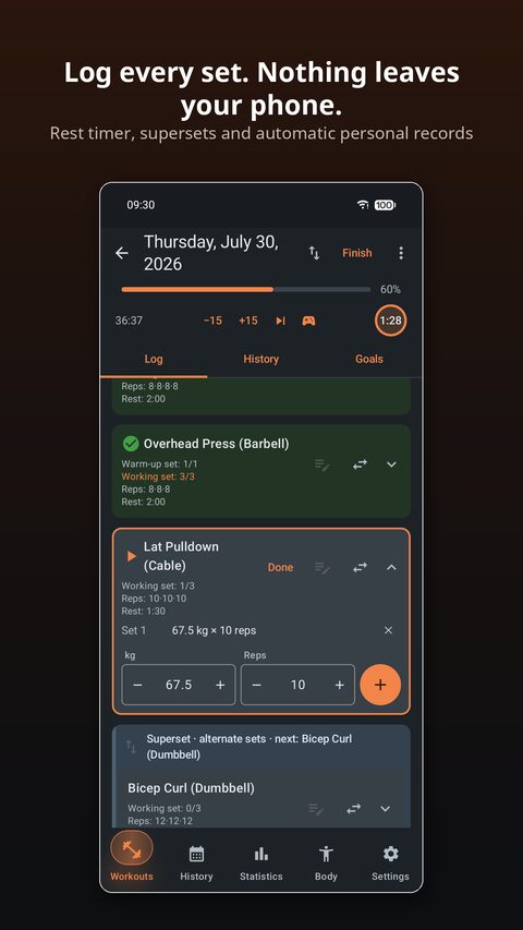 Logging a workout in Malm: sets, reps, weight and a rest timer