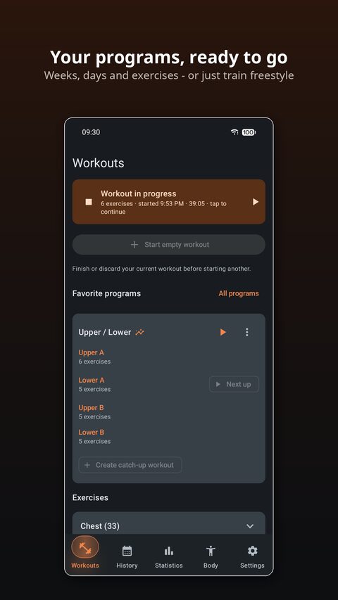 The programs screen in Malm, with a workout in progress